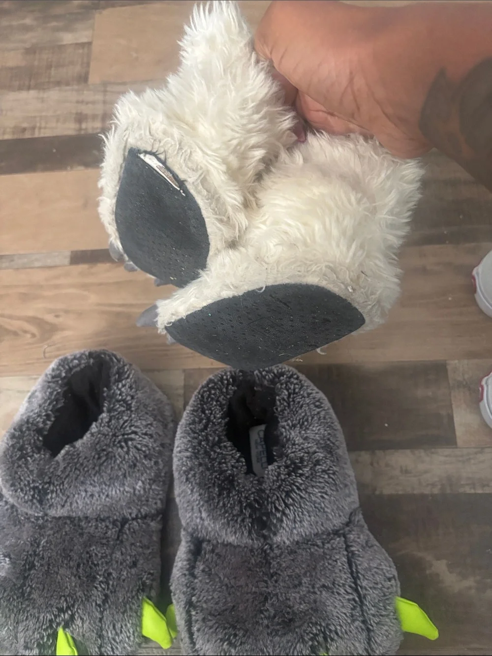 Kids Plush Monster Paw Slippers - Gray and Cream
